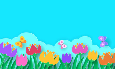 Fototapeta na wymiar Spring paper cut art, colorful nature background, Easter greeting card.