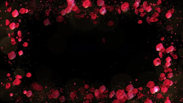 Rose petals frame with lights and particles on black background. Valentines day, Mothers day, spring, summer, blossom background. Seamless looping 4k