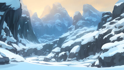 Snowy Mountains and Hill Scenery During The Dawn or Dusk Detailed Hand Drawn Painting Illustration