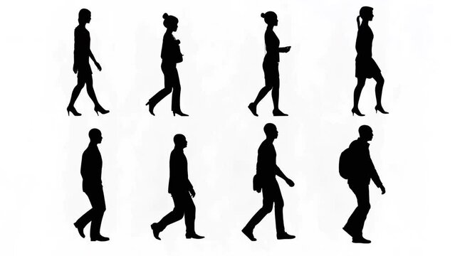 Motion Graphic Set of People Walking in Silhouette,Black Shape Person Rendering 2D Animation.