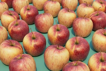 an abstract background consisting of patterns of red apples on a turquoise background. 3D render