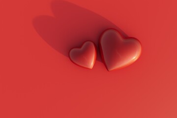 the concept of falling in love. two red hearts on a red background. 3D render