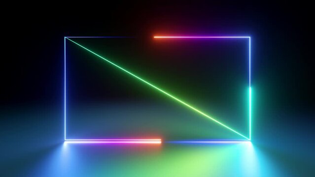 cycled 3d animation, abstract geometric background with glowing neon lines moving