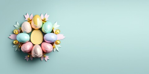 Naklejka na ściany i meble Shiny 3d easter eggs greeting card background and banner with small flower ornament and copy space
