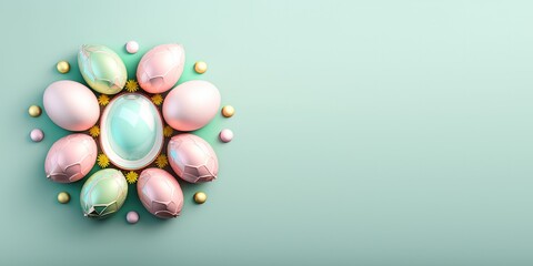 Isolated shiny 3d easter eggs celebration background and banner with small flower ornament and empty space