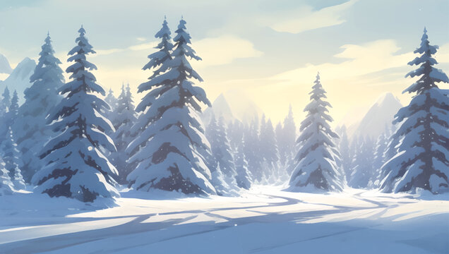 Snowy Mountains and Hills, with Pine and Fir Trees Scenery During Dusk Detailed Hand Drawn Painting Illustration