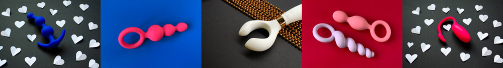 Collage of sex toys. Sex shop assortment. Vibrators and butt plugs. Sex gadget for adult game. Flat lay. Five photos