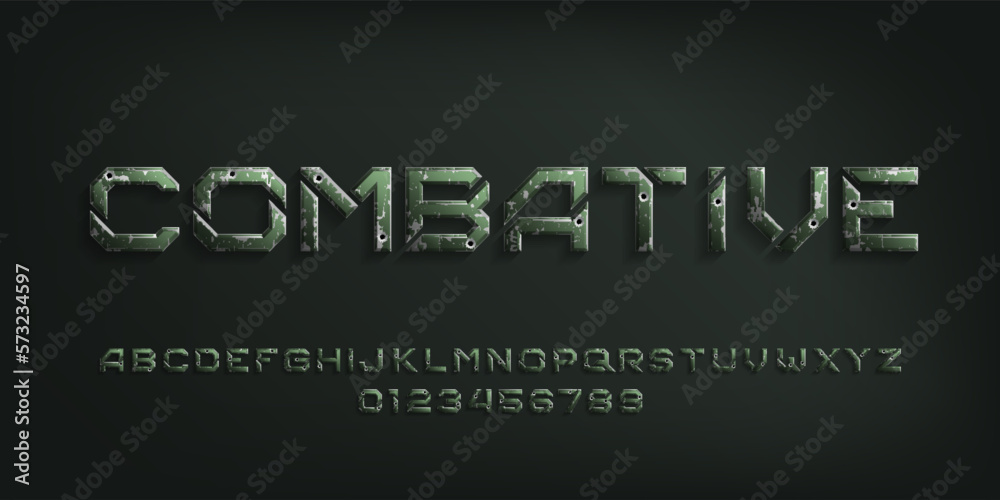 Fototapete combative alphabet font. metal letters and numbers with bullet marks. stock vector typeface for your