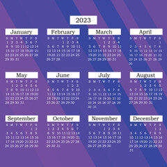 Calendar 2023 - Numbers on a blue background - Vector