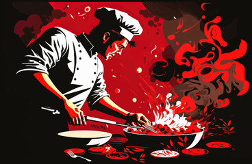 Illustration of a chef with dark, dramatic colors highlighting culinary skills and promoting food prepared by chefs. Realistic style. - obrazy, fototapety, plakaty