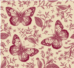 Seamless pattern. Butterfly Butterflies animals moths insect fly peacock makhaon mosquito realistic isolated. Vintage fabric background. Wallpaper. Drawing engraving. Vector victorian Illustration    