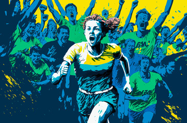 Person running towards a finish line surrounded by cheering people; vivid blue, green and yellow colors captured in an energetic style evoke excitement, determination and victory. - obrazy, fototapety, plakaty