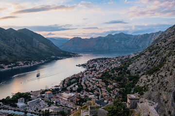 Amazing panoramic aerial view at sunset of Kotor bay from Kotor city walls and fortress, soft colours, Montenegro 