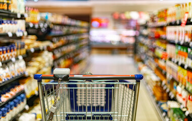 A shopping cart by a store shelf in a supermarket
