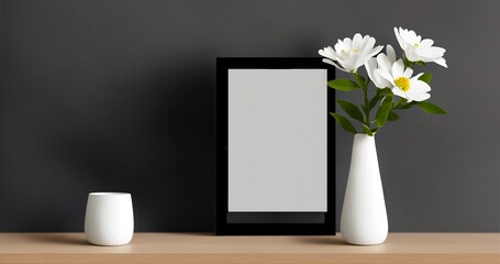 Fototapeta premium Empty Frame with flower, on table. for wedding photo, portrait, painting, memento, created by Generative A.I