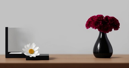 Flower on table, on the wall, on the bowl, wooden table Created By Generative A.I