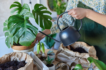 Horizontal shot of unrecognizable person takes care of potted flowers holds watering can enjoys her...