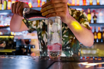 man bartender making cold gin tonic cocktail in bar