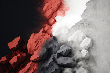 A minimal graphic design wallpaper on a charcoal background. Stones, black and red graphics. AI generation