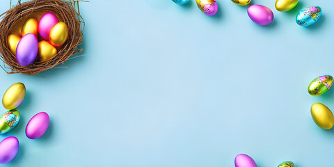 Easter eggs nest. Spring still life banner card on blue table background with copy space. Generative AI