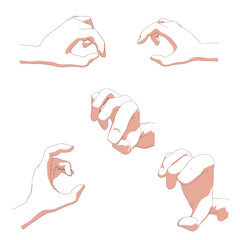 Various gestures of human hands isolated on a white background. Vector flat illustration of hands in different situations. Vector design elements for infographic, web, internet, presentation.