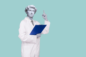 Abstract modern collage. The man Doctor with the plaster head of David pointing up