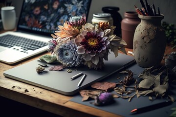 Naklejka na ściany i meble Creative arrangement of flowers on work desk