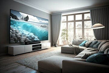Fototapeta na wymiar Big Tv In A Living Room. Elegant living room with big tv screen