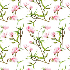 Floral seamless pattern with pink flowers, leaves and magnolia petals on a white background. Watercolor vintage theme with realistic spring flowers for fabric, greeting cards, wrapping paper