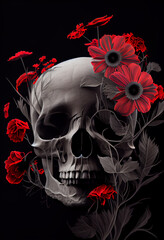 Menschlicher Totenkopf mit bunten Blumen auf schwarzen Hintergrund - Generative Ai