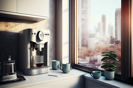 Modern coffee machine stands near the window. Urban view from the window, view of the city.
