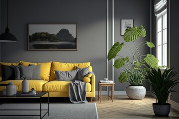 Gray wall living room have yellow sofa and decoration