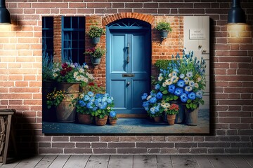 Fototapeta na wymiar blue front door of house in large brick house with flowers in pots