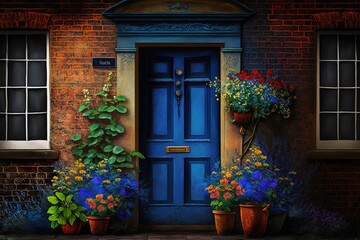 Obraz na płótnie Canvas blue front door of house in large brick house with flowers in pots Generative AI