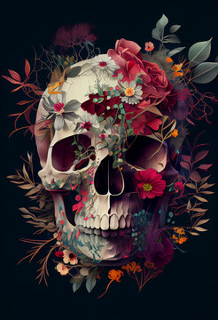 Menschlicher Totenkopf mit Blumen auf schwarzen Hintergrund - Generative Ai