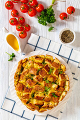 cheesy garlic bread, pull apart bread, top view