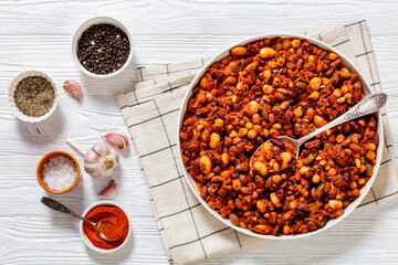 Beans and Sausage bake in baking dish, top view