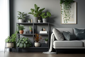 Grey sofa, table and shelving unit with houseplants near light wall