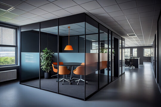 Large bright office space with glass partitions and panoramic windows.