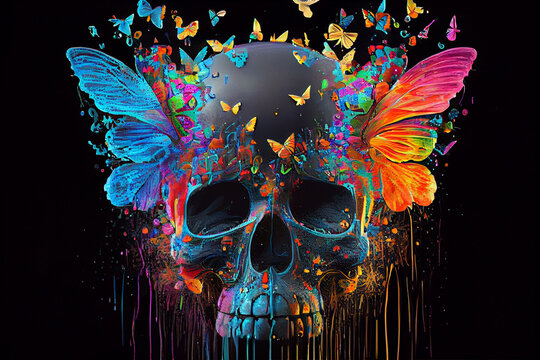 Menschlicher Totenkopf mit neonfarbigen Schmetterlingen auf schwarzen Hintergrund - Generative Ai