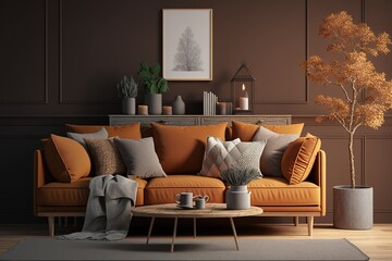 Home mockup, brown warm color living room with sofa and decoration, 3d render