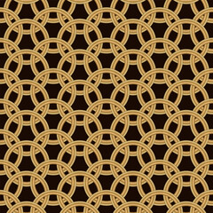 seamless vector pattern in the form of a grid of golden rings on a dark background for prints on fabrics, postcards, and for decorating rooms and scenes