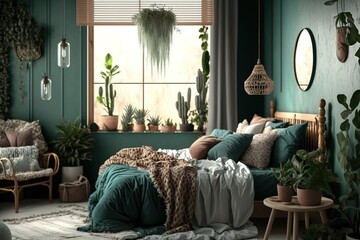 Cozy bedroom interior in boho style with wooden furniture, console table, textiles, green walls, large windows and potted plants