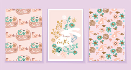 Fototapeta na wymiar Happy Easter template set cards, banners, posters with easter eggs , spring flowesr, easter bunny, lettering Vector abstract art trendy modern illustration set