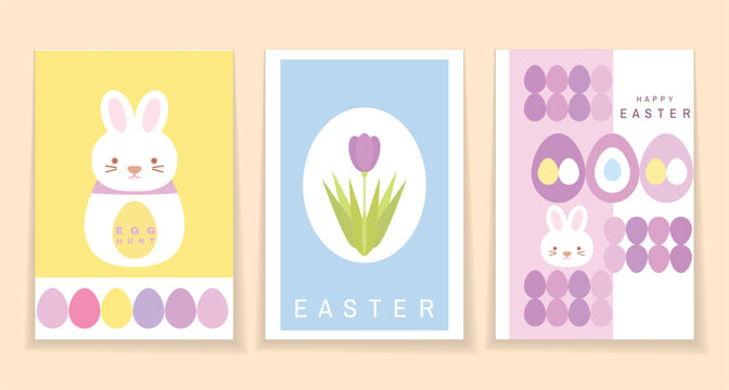 Happy Easter template set cards, banners, posters in flat cartoon style  with  easter eggs , spring flowesr, easter bunny Vector abstract  art  trendy modern illustration set
