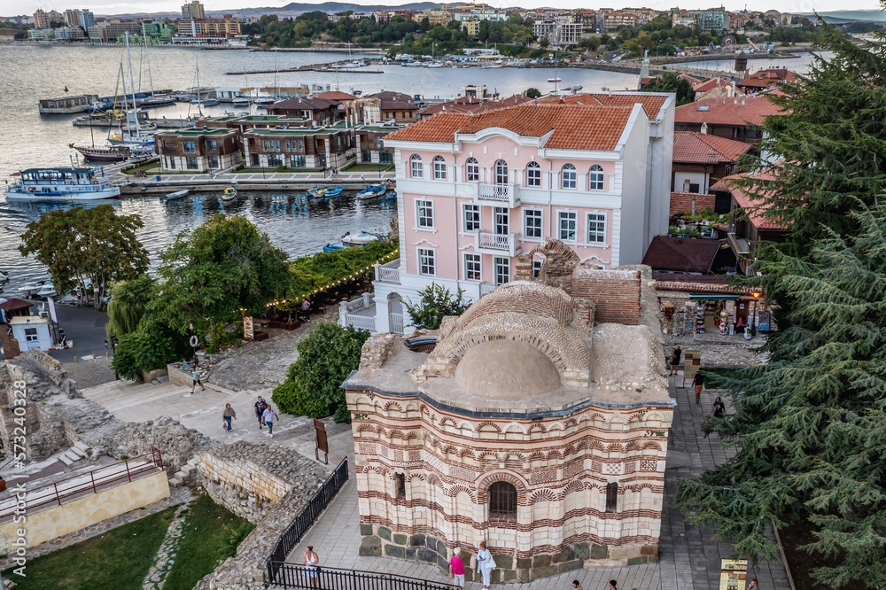 Poster Drone photo of Saint John Aliturgetos Church in historic part of Nesebar, Bulgaria