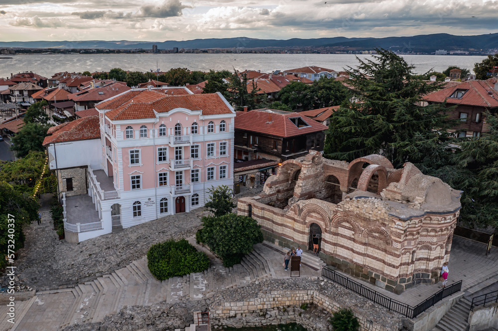 Poster Drone photo of Saint John Aliturgetos Church and Town Hall in Nesebar, Bulgaria