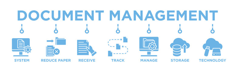 Document management banner web icon vector illustration concept with icon of system, reduce paper, receive, track, manage, store, cloud and technology