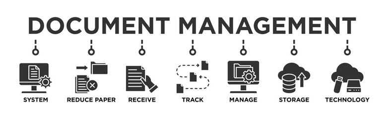 Document management banner web icon vector illustration concept with icon of system, reduce paper, receive, track, manage, store, cloud and technology