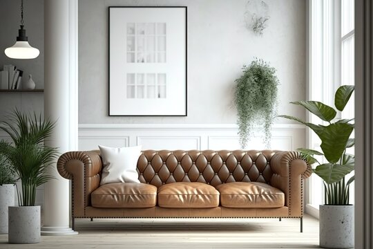 Interior living room wall mockup with leather sofa and decor on white background